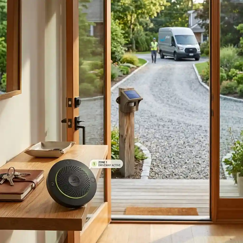 eMACROS solar driveway alarm sensor mounted outdoors